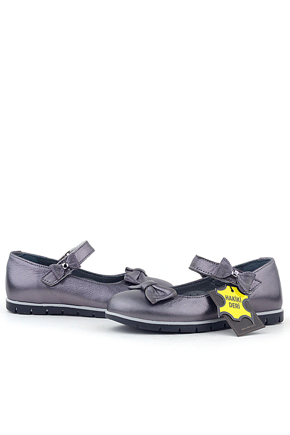 Rakerplus Hakiki Deri Platin Kurdele Detaylı Cırtlı Kız Çocuk Babet Ayakkabı